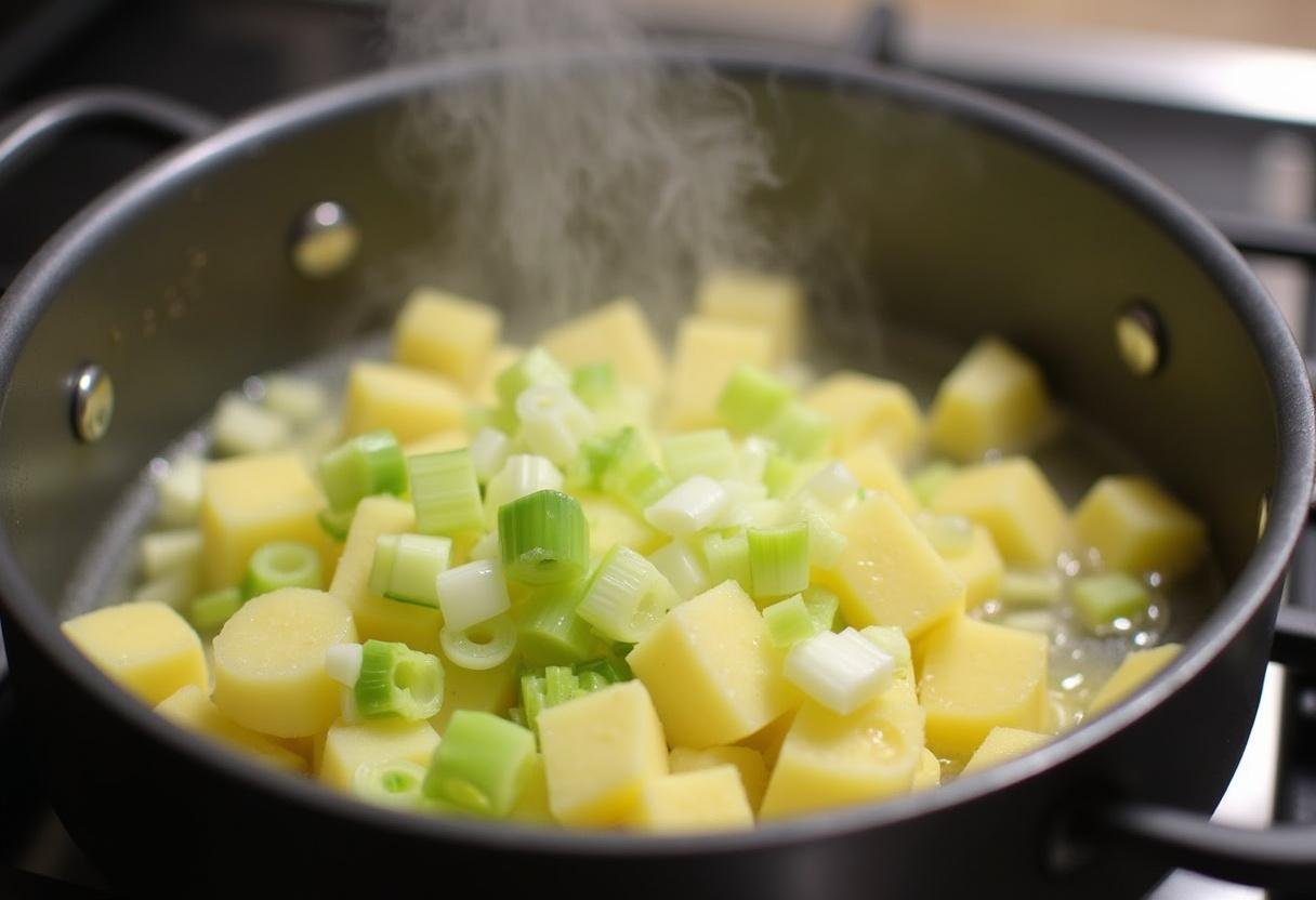 Poireaux coupés et pommes de terre en dés sautant dans une casserole pour Potage Parmentier Réconfortant.