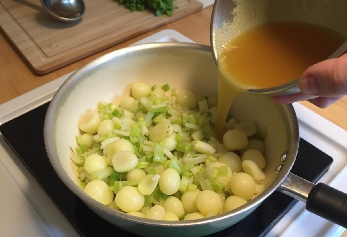 Bouillon de légumes ajouté aux poireaux et aux pommes de terre pour Potage Parmentier Réconfortant.