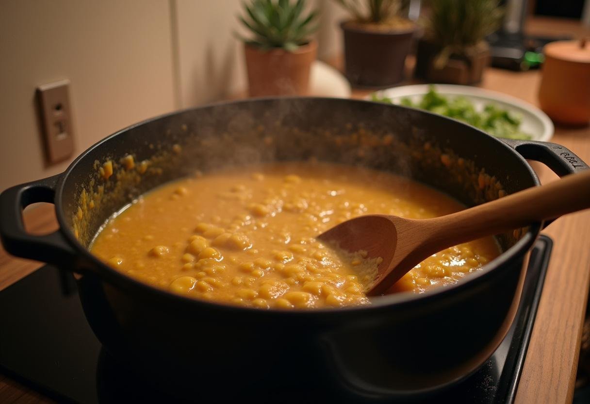 Remuer le mélange mijotant de poireaux et de pommes de terre pour un Potage Parmentier réconfortant.