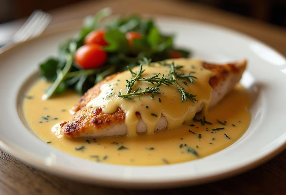 Delicious Poulet Vallée d'Auge served with cream sauce and fresh herbs, ready to enjoy.
