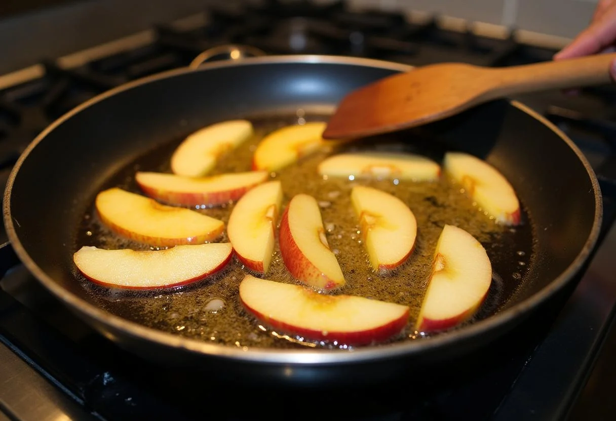 Sizzling apples in butter, a key step in preparing Poulet Vallée d'Auge.