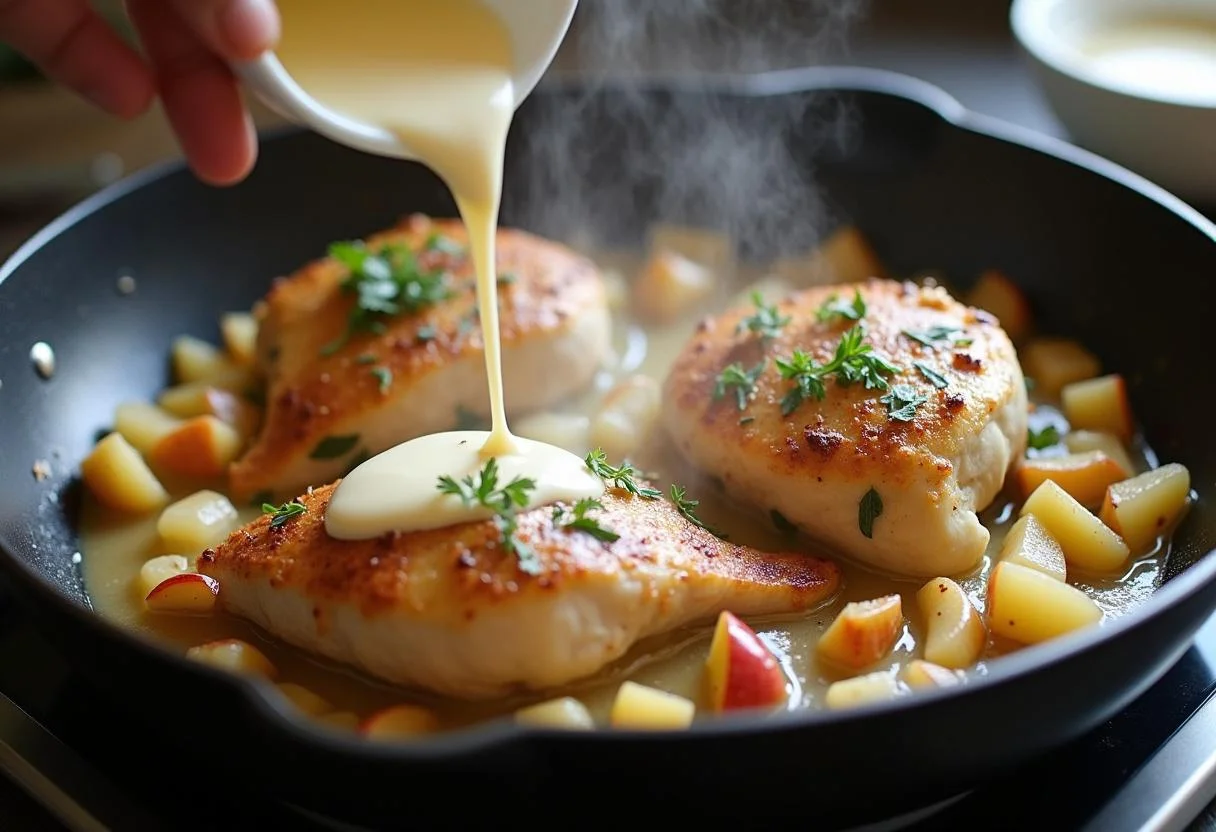 Chicken breasts combined with apples and cream in a skillet for Poulet Vallée d'Auge.