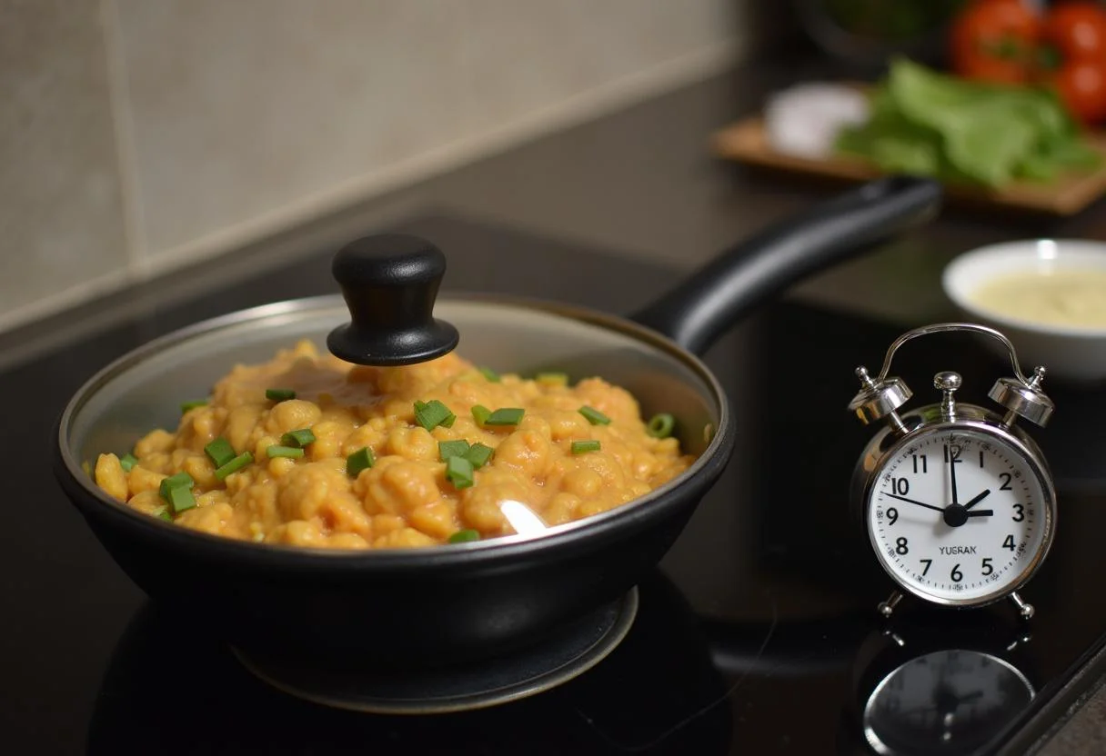 Skillet covered and simmering, cooking Poulet Vallée d'Auge to perfection.