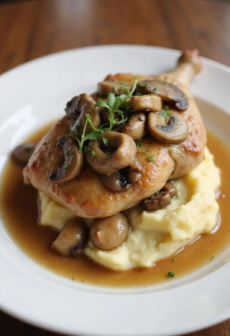 Finished Poulet au Cidre et Champignons dish plated elegantly with mashed potatoes.