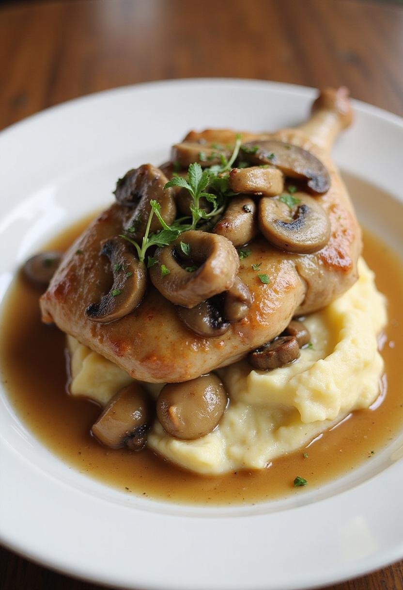 Finished Poulet au Cidre et Champignons dish plated elegantly with mashed potatoes.