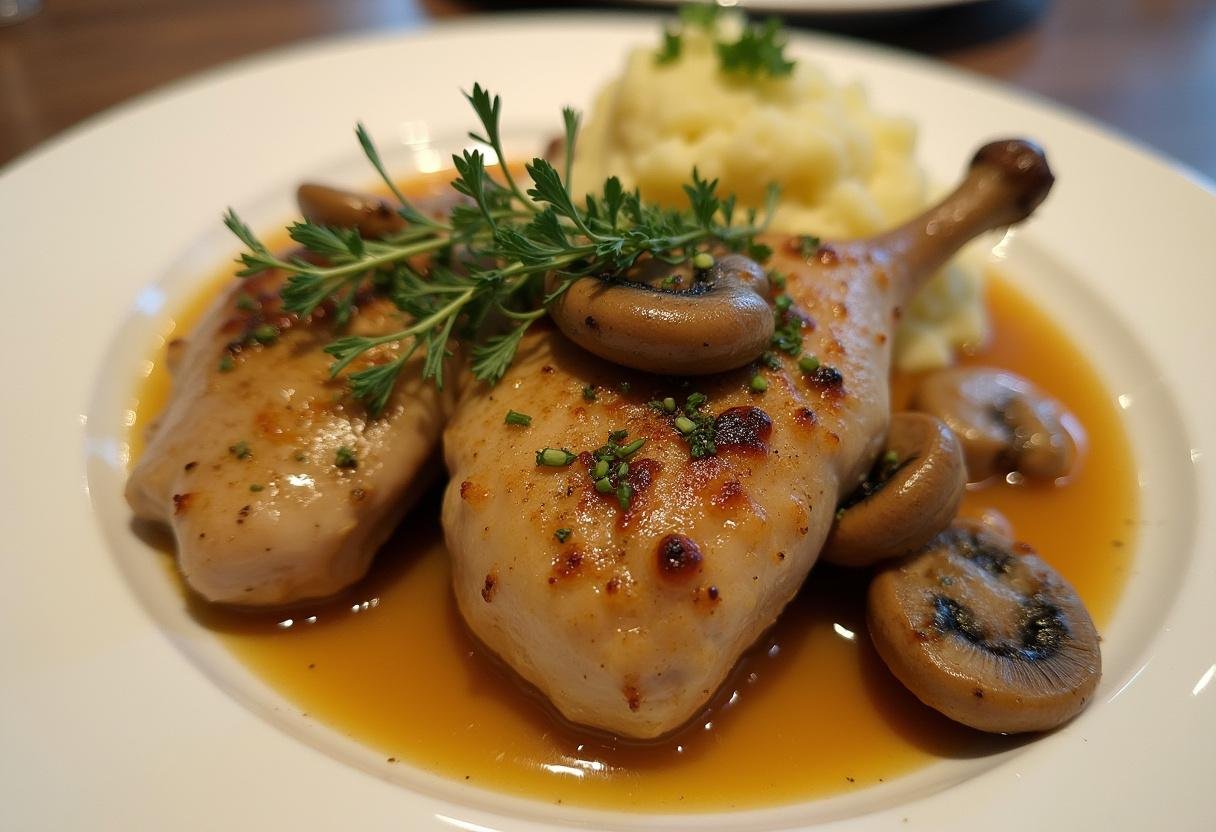 Finished Poulet au Cidre et Champignons dish plated elegantly with mashed potatoes.