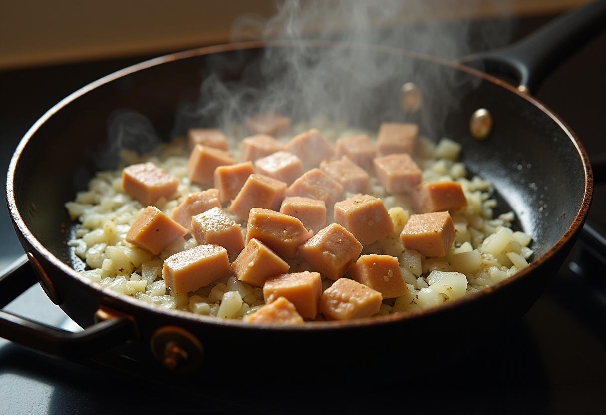 Diced chicken breast cooking in a skillet with onions and garlic for Poulet au Cidre et Champignons.
