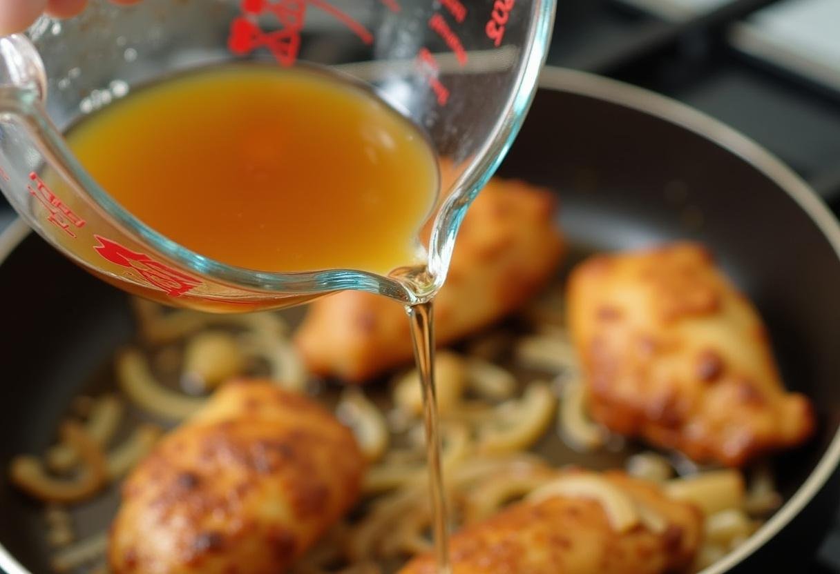 Apple cider being added to the chicken and onions in the skillet for Poulet au Cidre et Champignons.