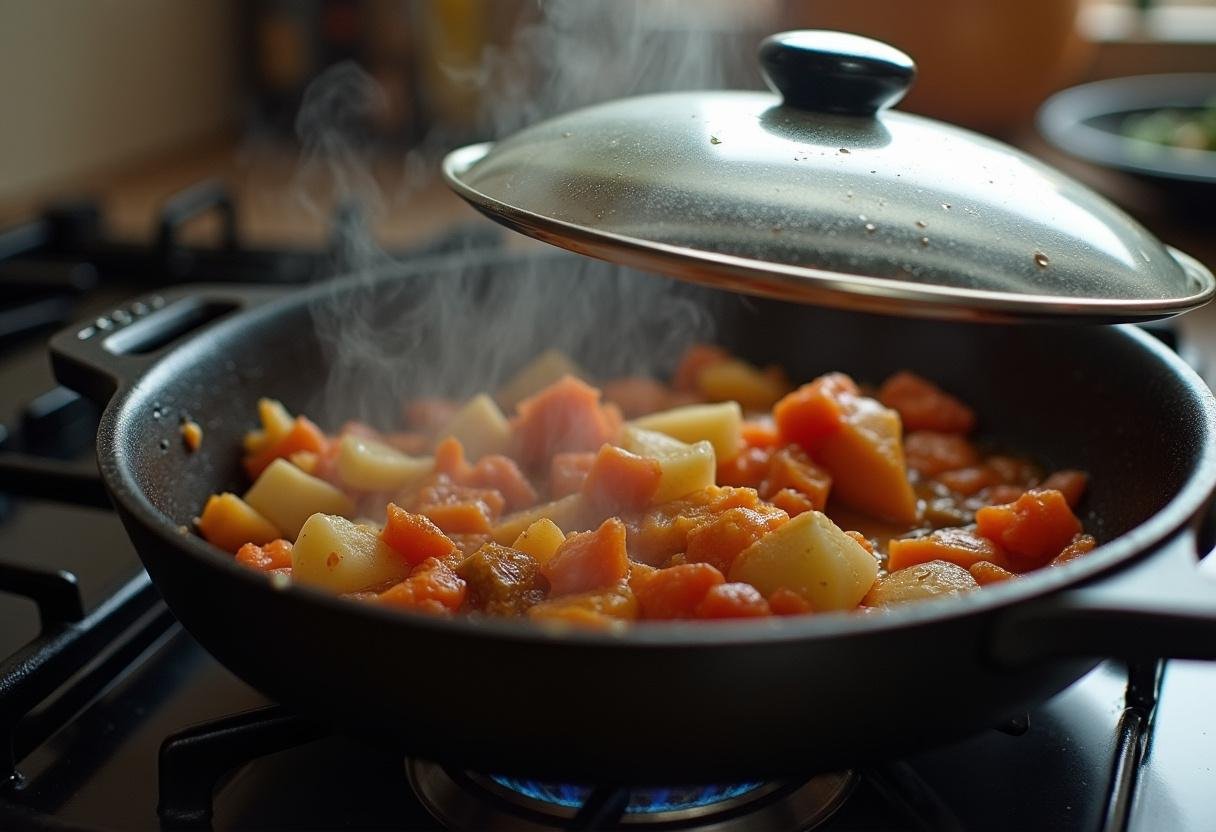Simmering Poulet au Cidre et Champignons in a covered skillet on the stove.