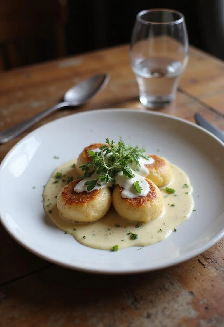 Finished Quenelles de Brochet light with cream sauce and herbs, ready to enjoy.