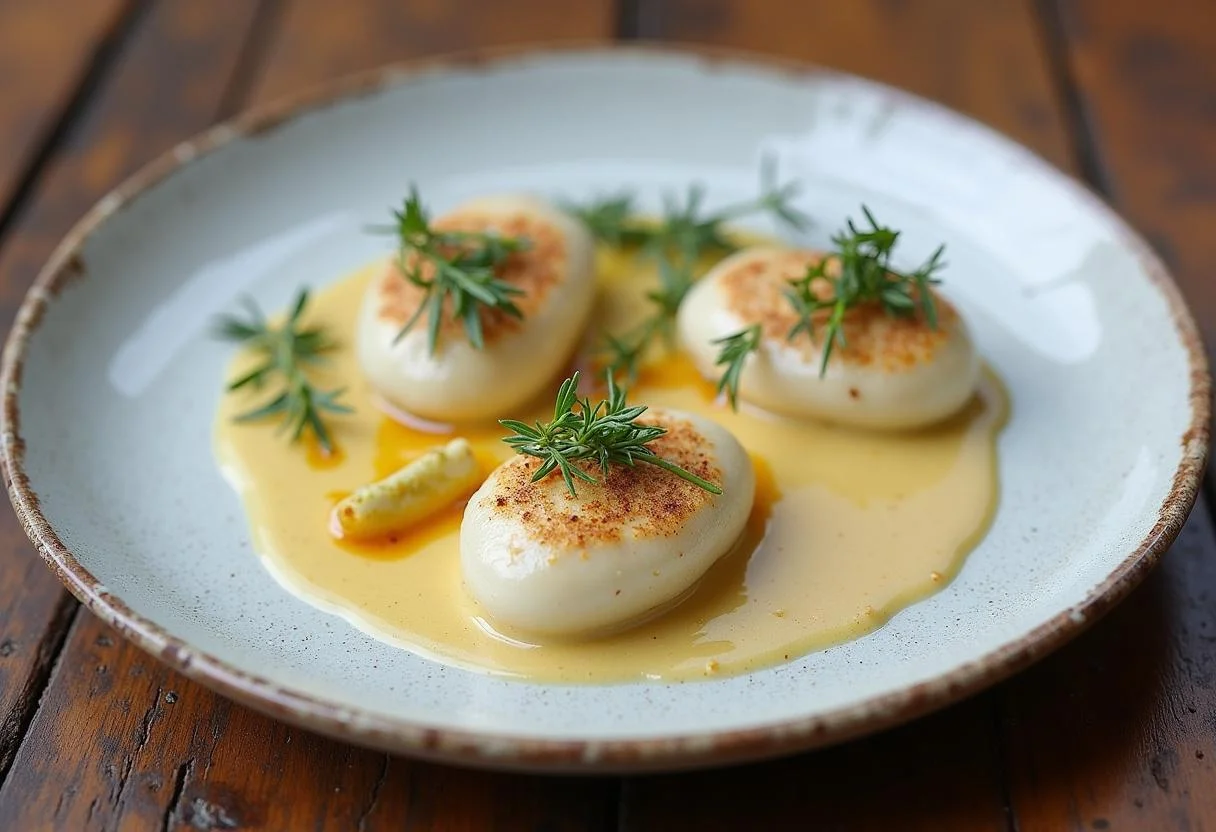 Quenelles de Brochet légères finies avec une sauce à la crème et des herbes, prêtes à être dégustées.