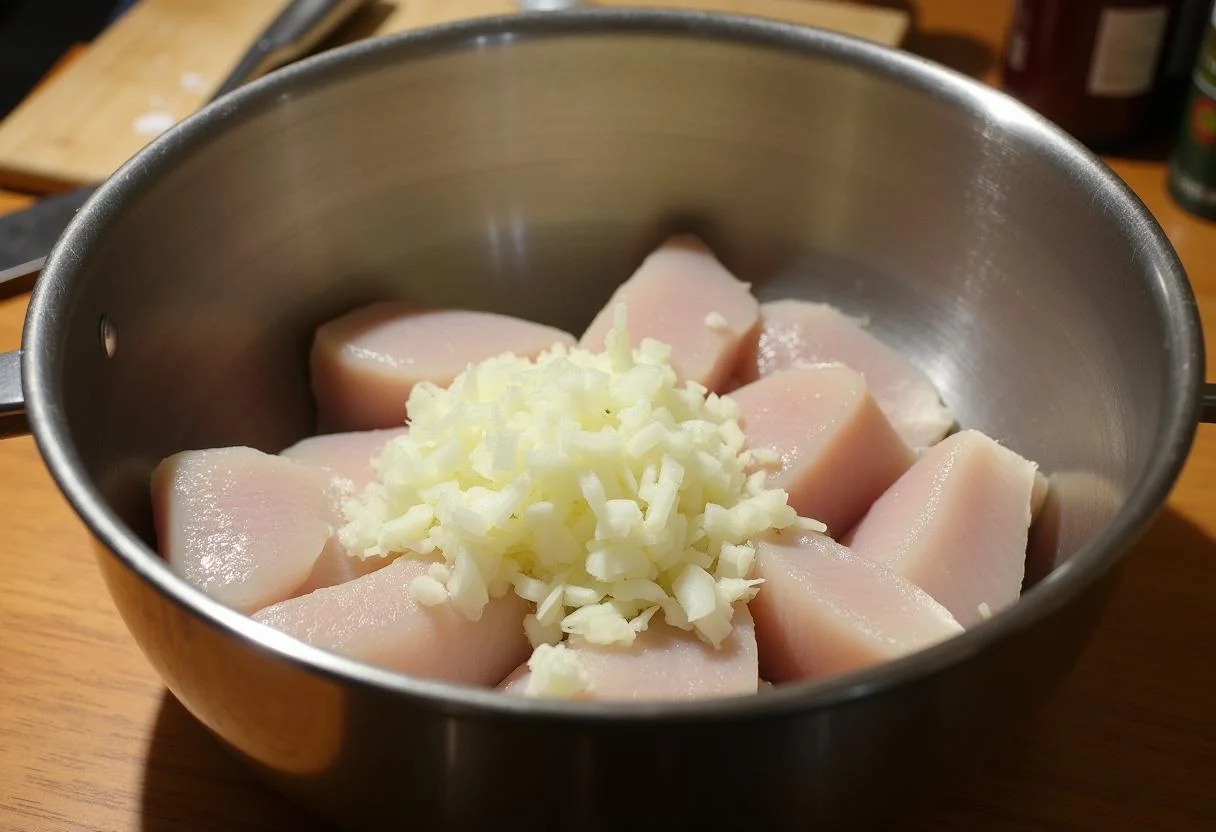 Mélange de filets de brochet et d'oignons pour des Quenelles de Brochet légères.