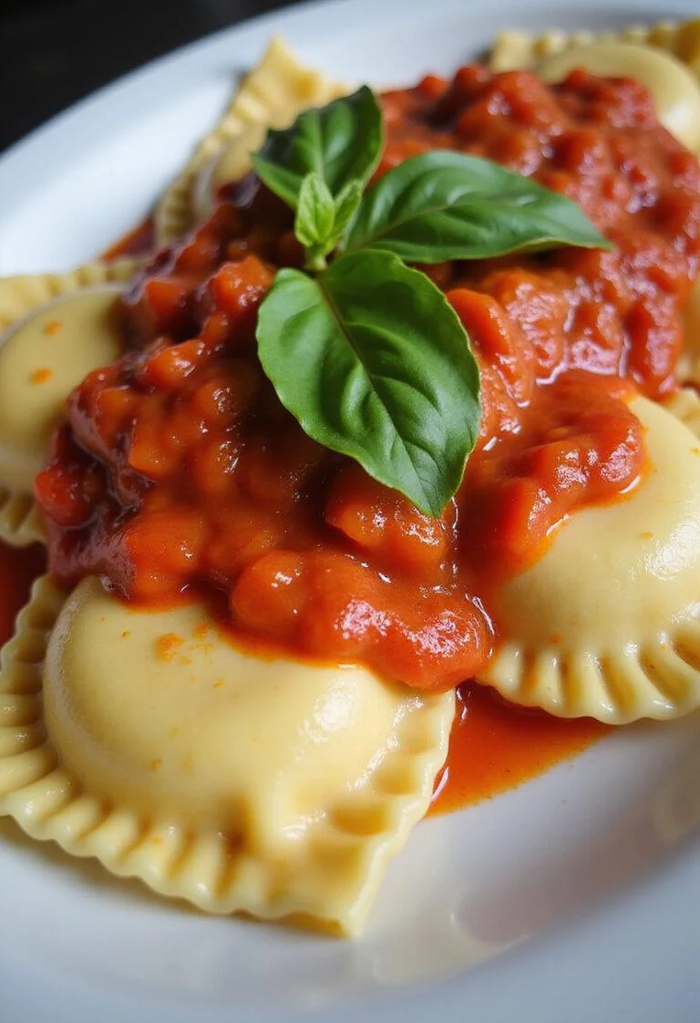 Delicious Raviolis au Fromage served with tomato sauce and basil, a perfect Italian dish.