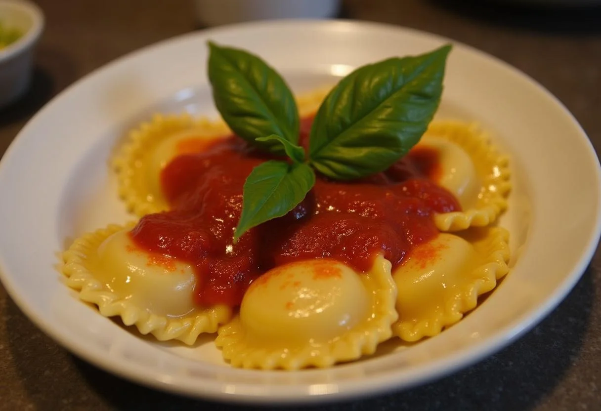 Délicieux Raviolis au Fromage servis avec une sauce tomate et du basilic, un plat italien parfait.