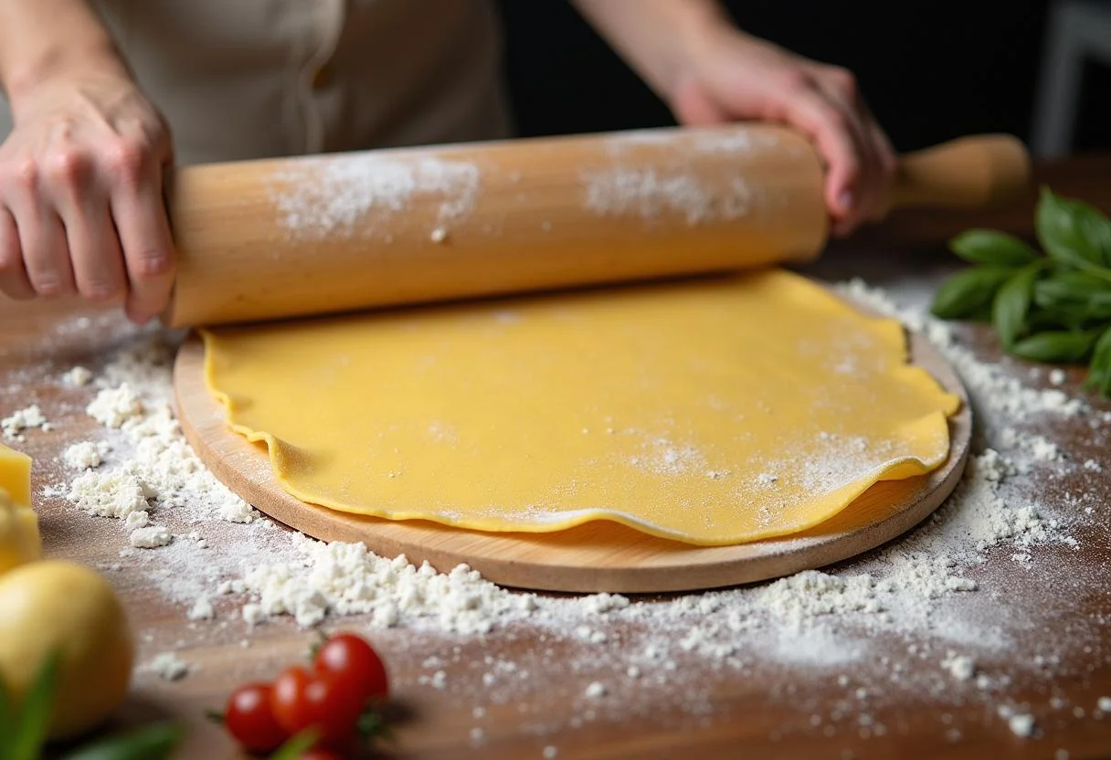 Pâte à pâtes étalée sur une planche de bois pour la préparation des Raviolis au Fromage.