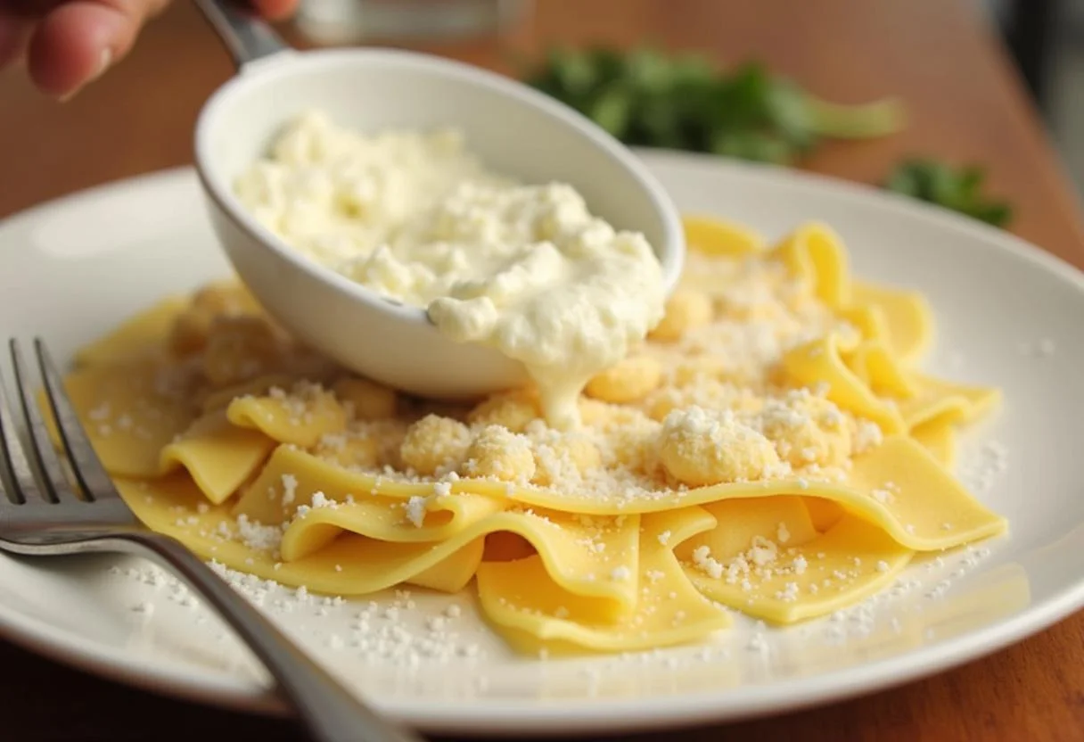 Garniture au fromage préparée pour les Raviolis au Fromage avec de la ricotta et du fromage râpé dans un bol.
