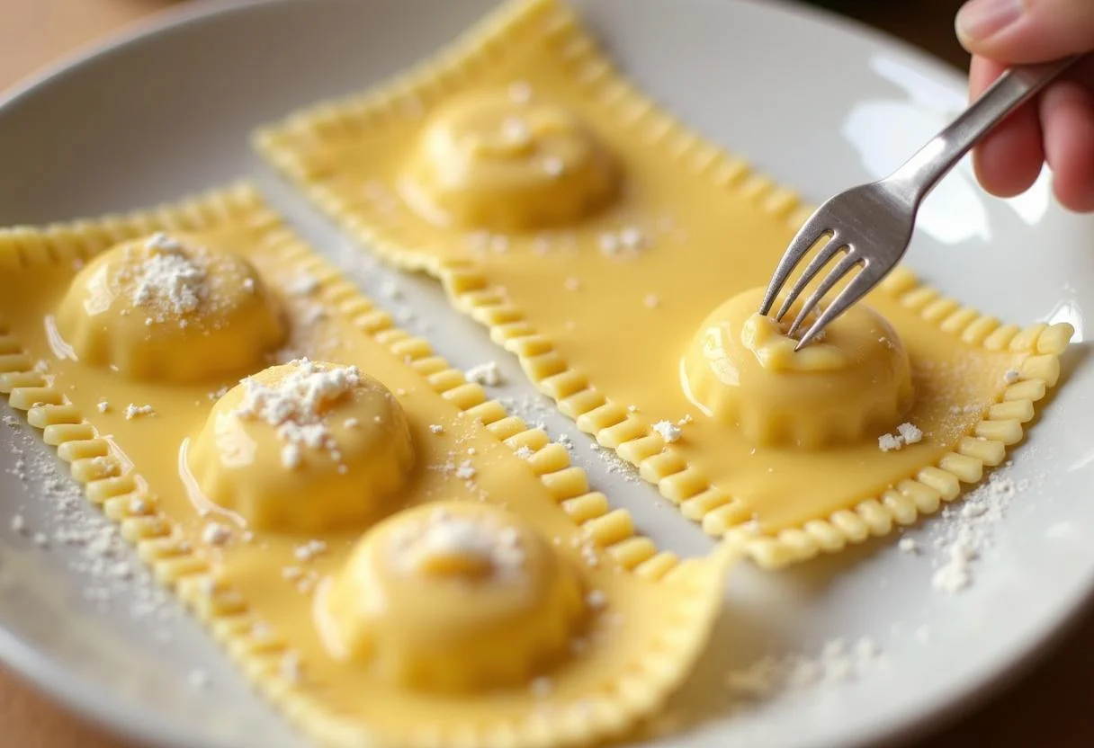 Scellement des bords des raviolis avec une fourchette pour sécuriser la garniture au fromage pour les Raviolis au Fromage.