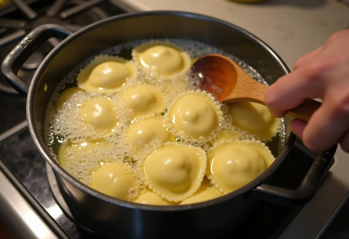 Raviolis cuits dans de l'eau bouillante pour la recette des Raviolis au Fromage.