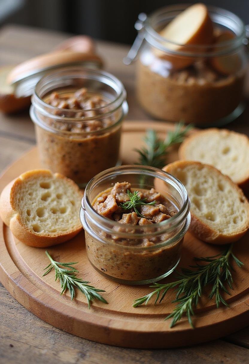 Deliciously presented Rillettes de Canard with crusty bread and herbs, perfect for serving.