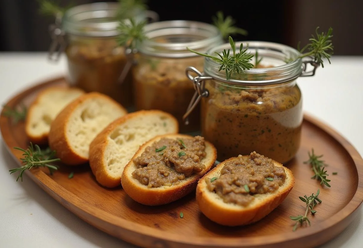 Deliciously presented Rillettes de Canard with crusty bread and herbs, perfect for serving.