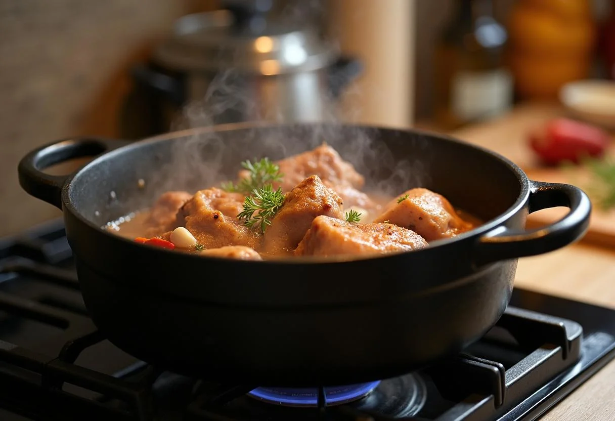 Duck meat simmering with garlic and spices for homemade Rillettes de Canard.