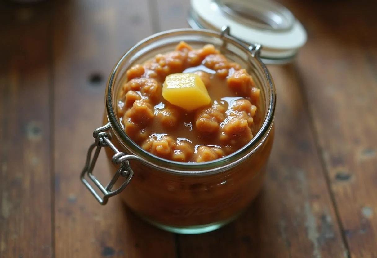 Homemade Rillettes de Canard in a jar, ready for serving on a rustic table.