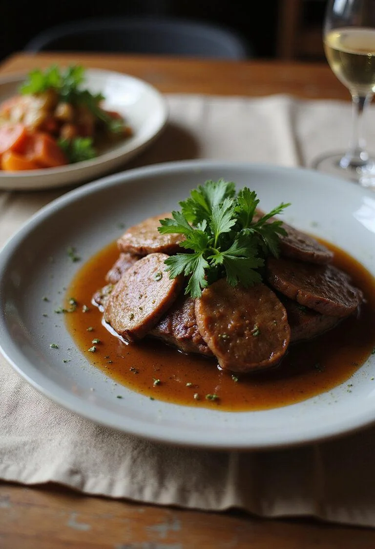 Finished Rôti de boeuf aux Pruneaux dish, elegantly presented for a delightful meal.