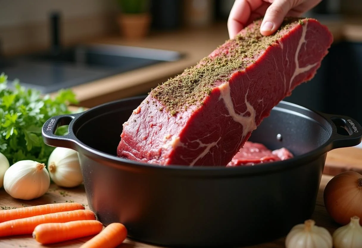 Beef roast with vegetables prepared for making Rôti de boeuf aux Pruneaux.