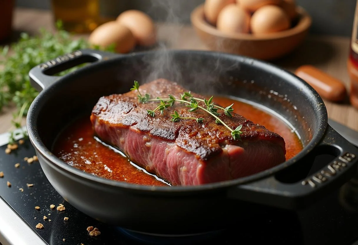 Browning beef roast in a pot with herbs for Rôti de boeuf aux Pruneaux recipe.