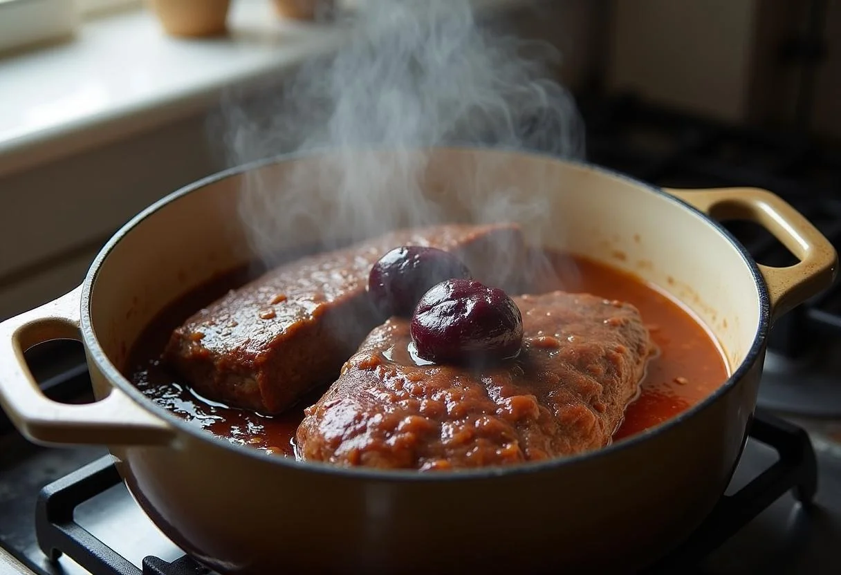 Simmering Rôti de boeuf aux Pruneaux on the stove, with prunes and beef cooking together.
