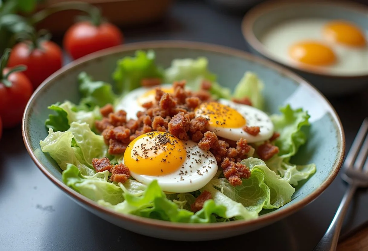 Laitue frisée fraîche et lardons croustillants préparés pour une délicieuse Salade Lyonnaise Savoureuse.