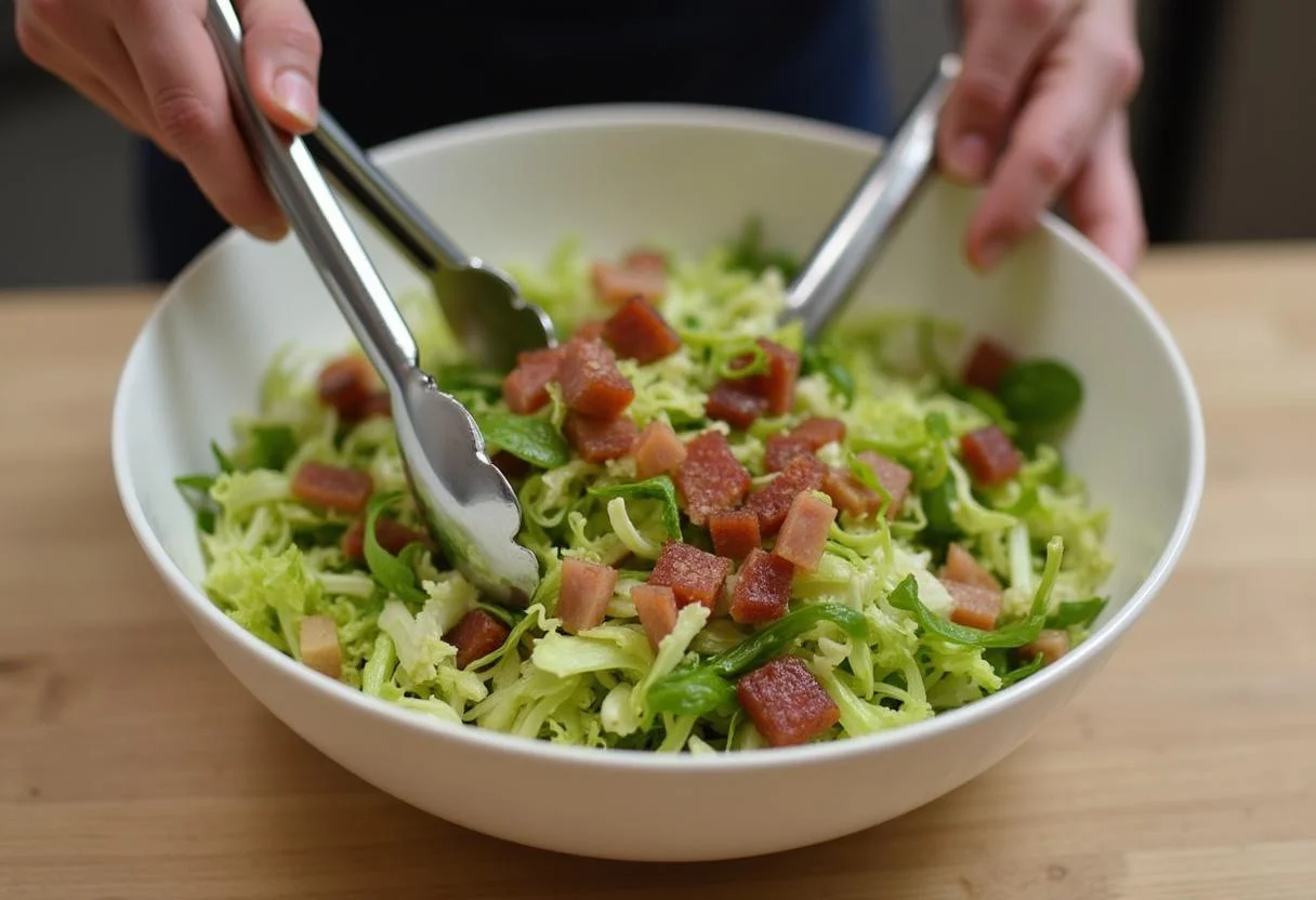 Mélanger la Salade Lyonnaise Savoureuse pour bien mélanger tous les ingrédients avant de servir.