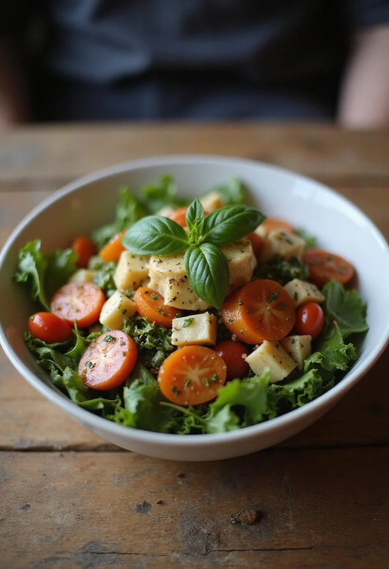 Salade Niçoise finie, colorée et garnie de basilic frais, parfaite pour le déjeuner.
