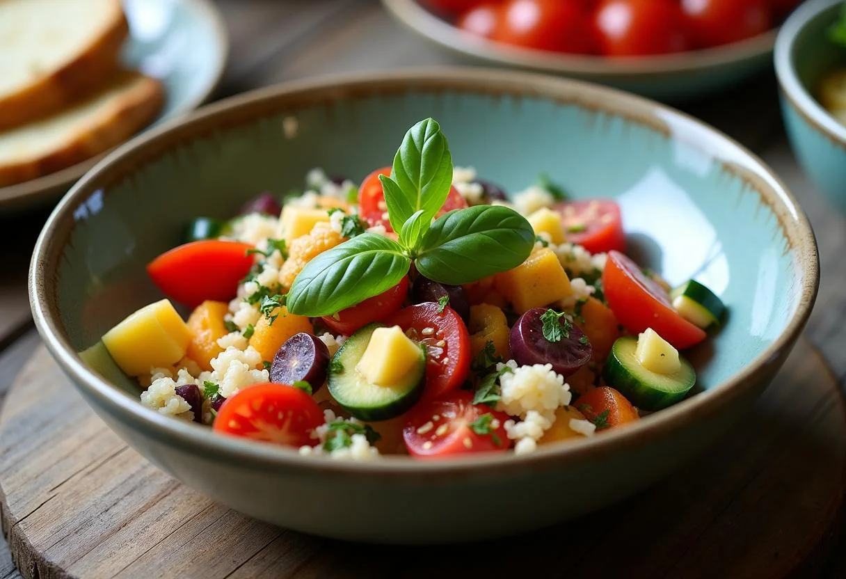 Salade Niçoise finie, colorée et garnie de basilic frais, parfaite pour le déjeuner.