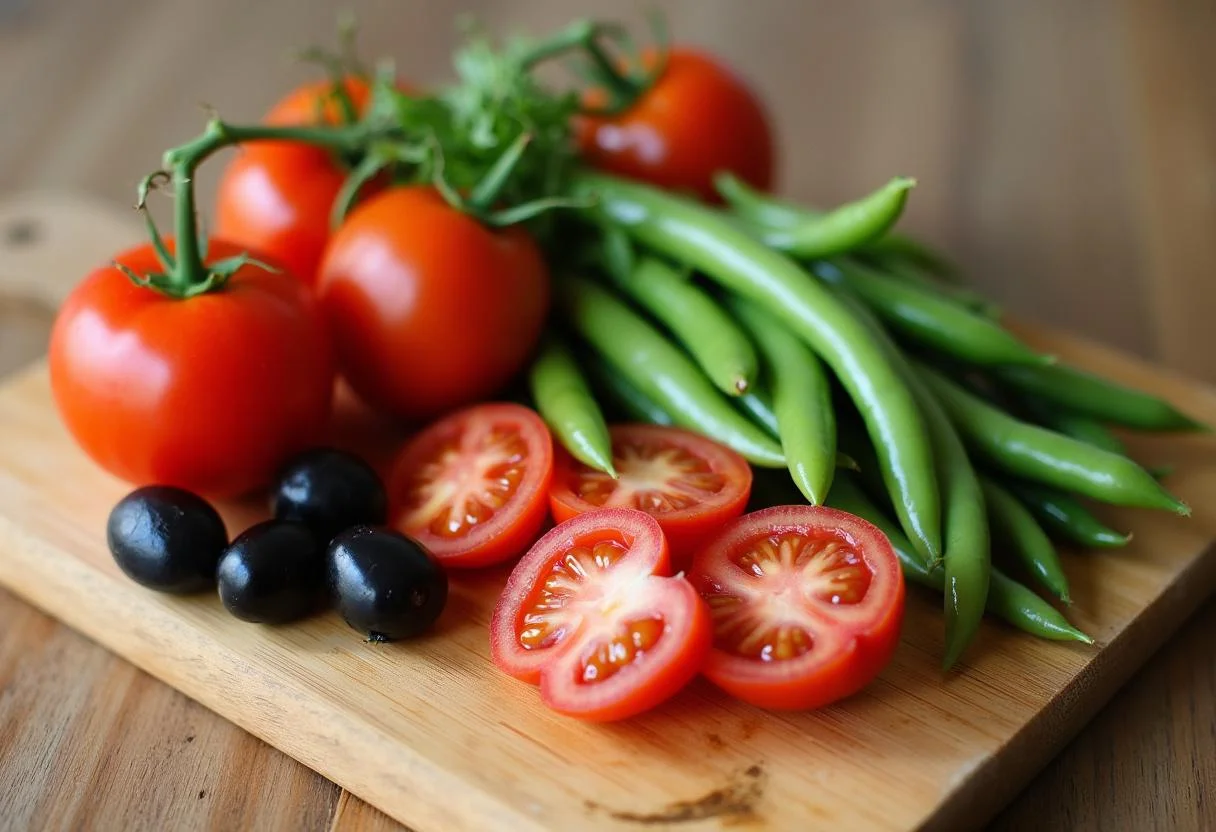 Ingrédients frais pour la Salade Niçoise, y compris tomates, haricots verts et olives sur une planche à découper.