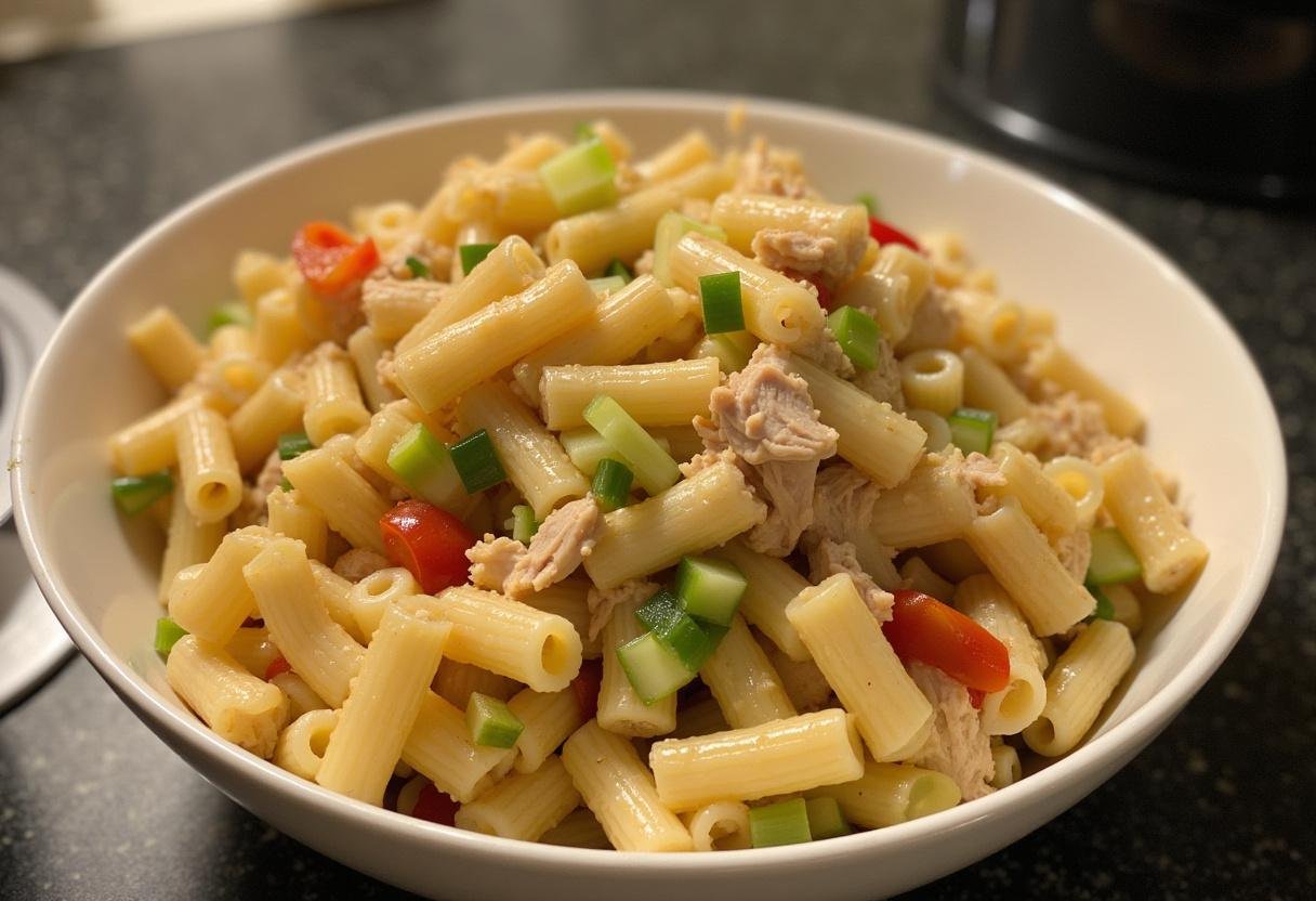 Bowl of cooked pasta, chicken, and vegetables ready for Salade de pâtes au poulet et œufs durs preparation.