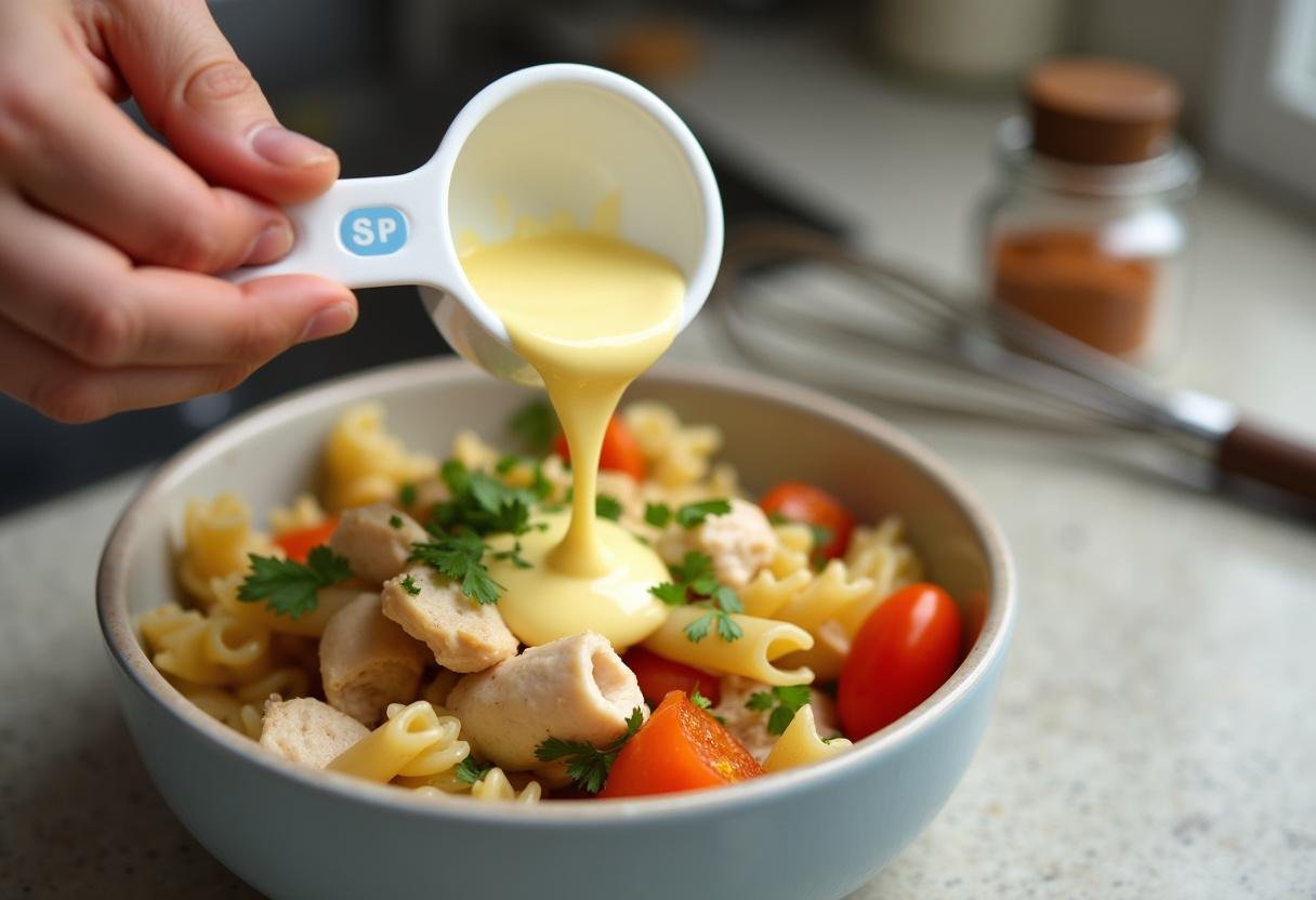 Mayonnaise being added to the pasta salad for Salade de pâtes au poulet et œufs durs.