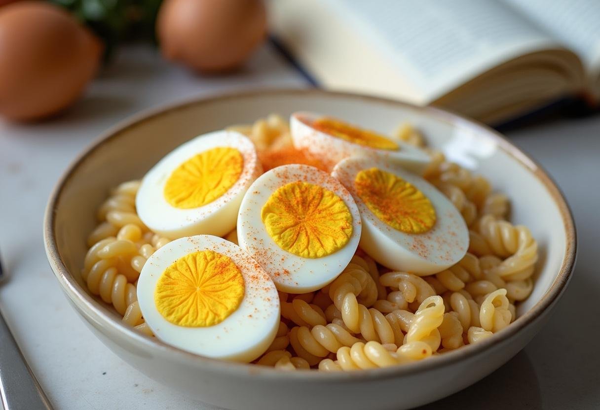Sliced hard-boiled eggs placed on pasta salad for Salade de pâtes au poulet et œufs durs.