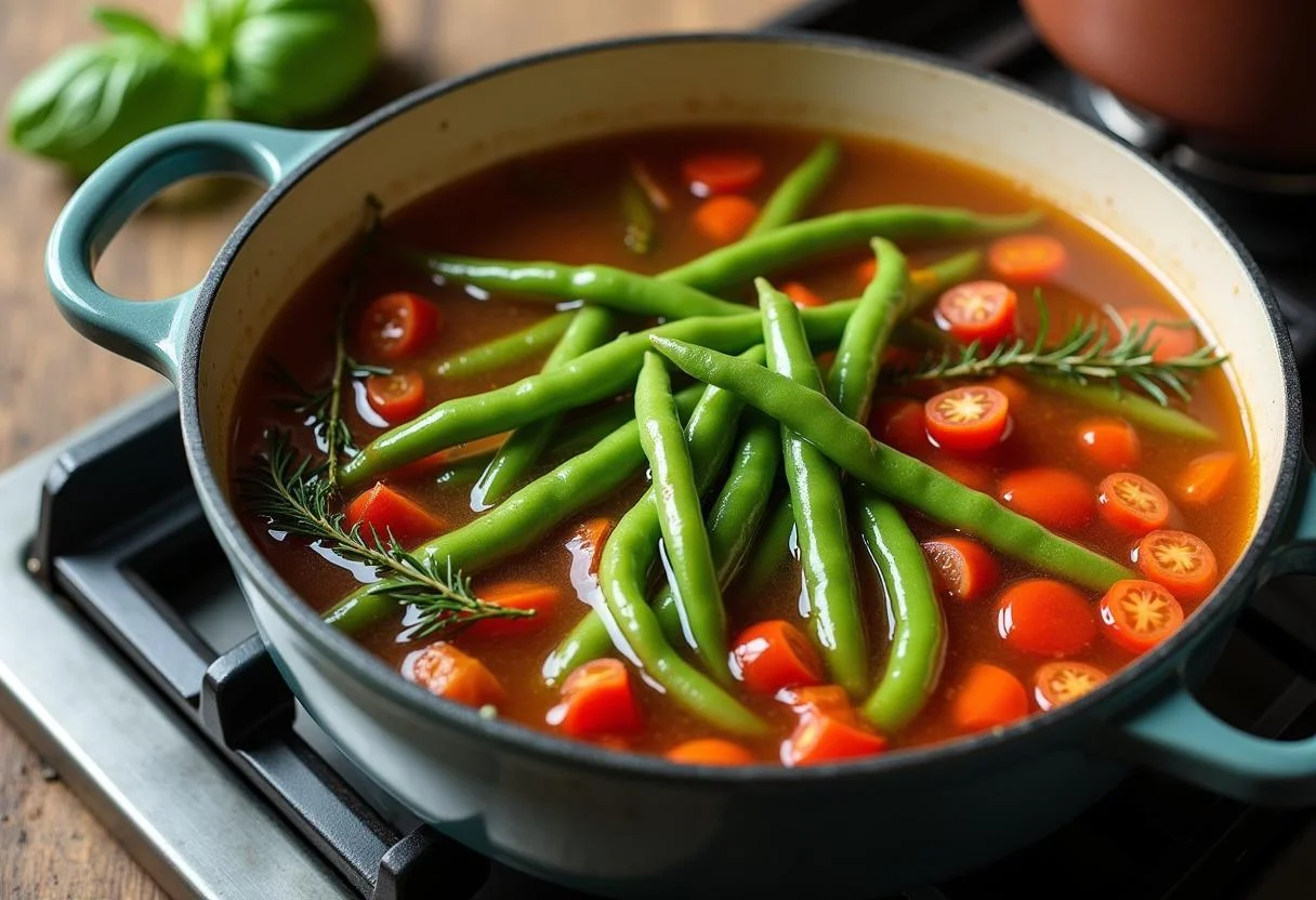 Pot of vegetable broth simmering with green beans and tomatoes for Soupe au Pistou Aromatique.