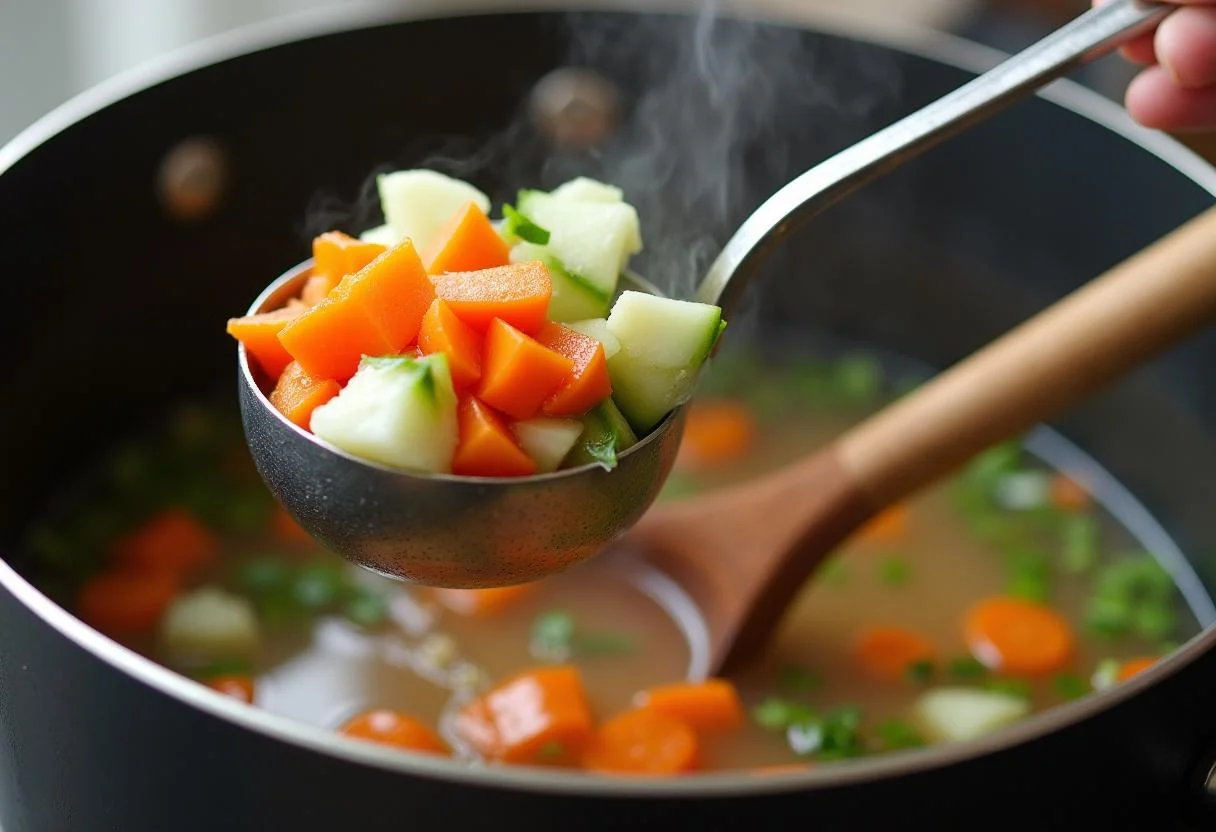 Adding chopped vegetables to simmering broth for Soupe au Pistou Aromatique.