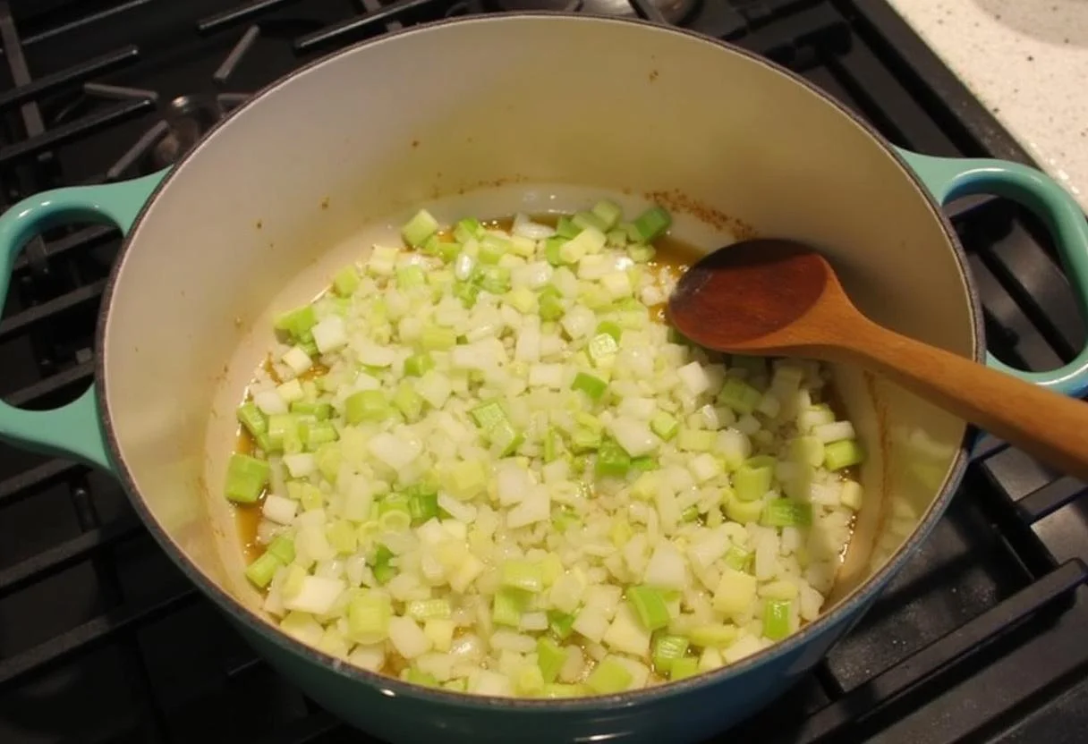Onions, leeks, and garlic sautéing in olive oil for Soupe de Poisson Corsée.