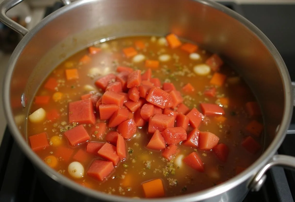 Tomatoes and fish stock being added to the sautéed vegetables for Soupe de Poisson Corsée.