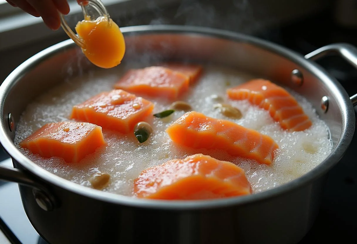Fresh fish and shellfish added to the simmering broth for Soupe de Poisson Corsée.