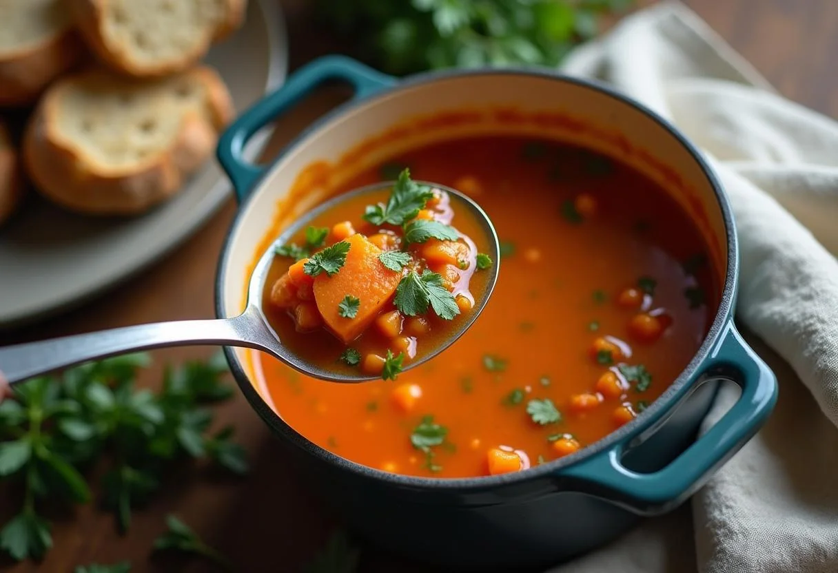 Ladling Soupe de Poisson Corsée into a bowl, ready to serve with crusty bread.