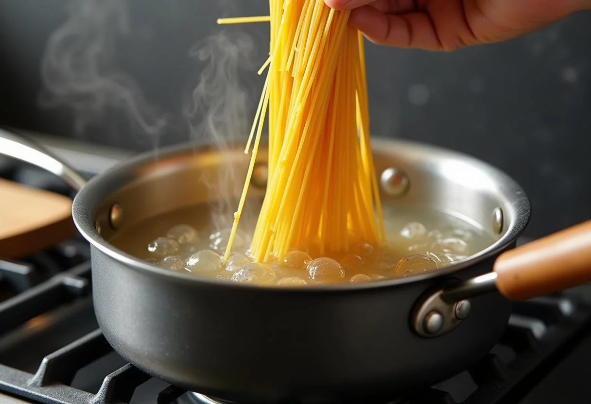 Spaghetti cooking in boiling water for creamy Spaghetti Carbonara.