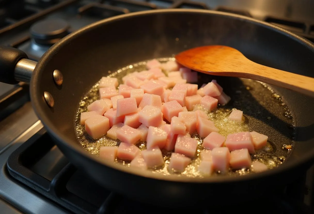Sizzling pancetta in a skillet for creamy Spaghetti Carbonara recipe.