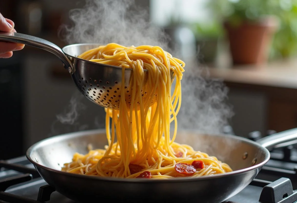 Draining spaghetti to mix with pancetta for Spaghetti Carbonara.