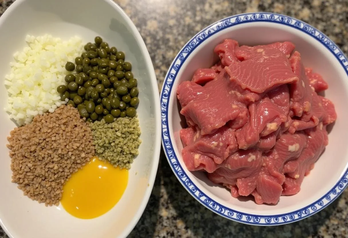 Échalotes hachées, câpres et moutarde de Dijon prêtes à être mélangées au Steak Tartare.