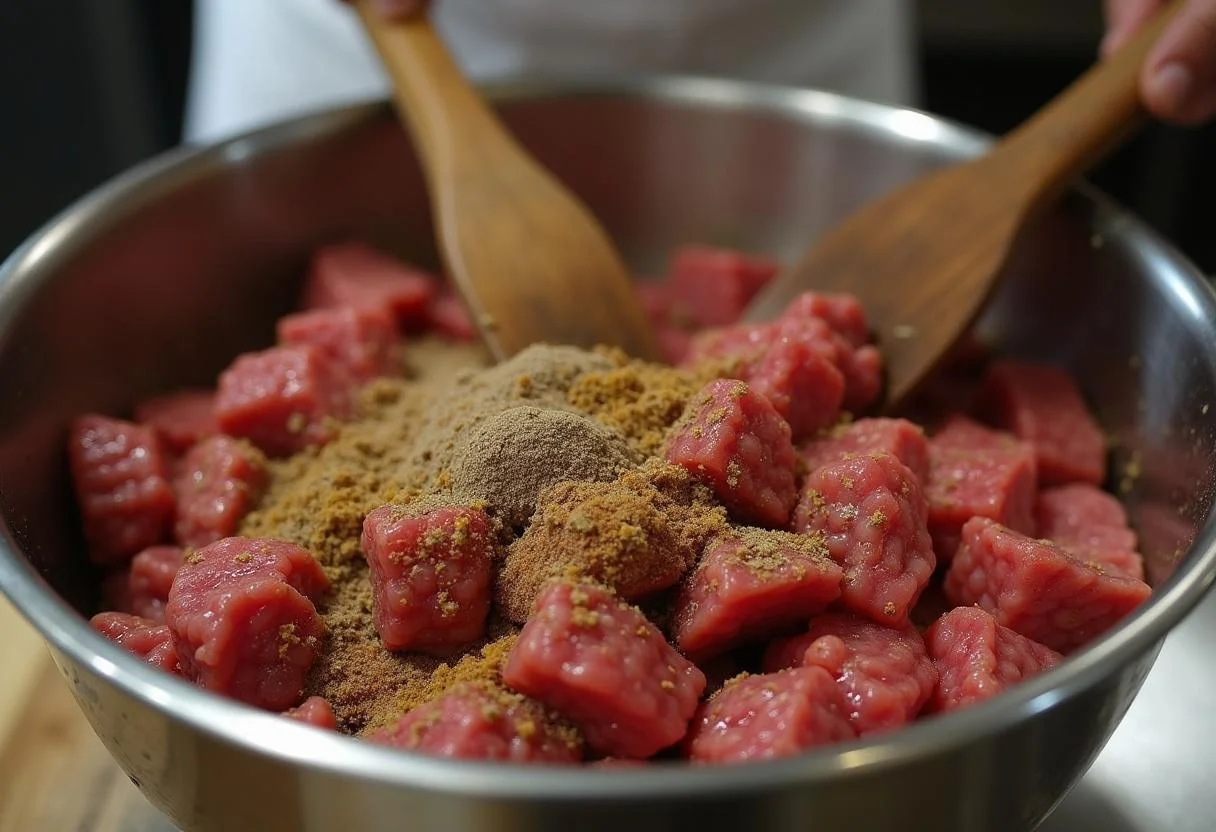 Mélange des ingrédients pour le Steak Tartare afin de créer un plat savoureux.
