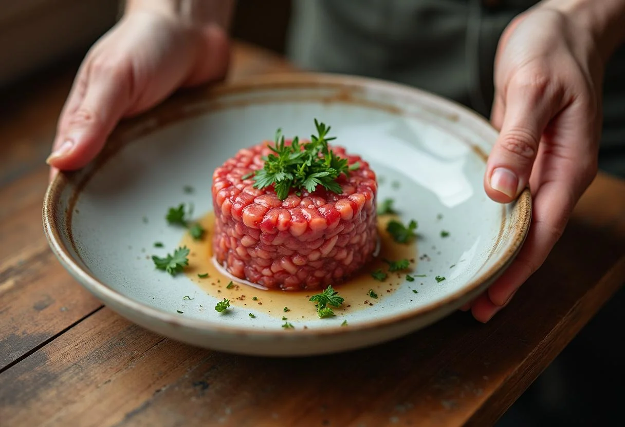 Présentation du Steak Tartare classique dans un moule rond pour une présentation élégante.